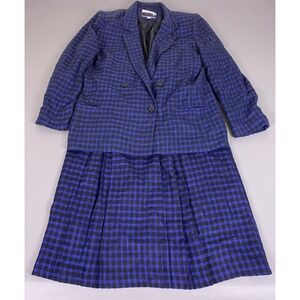 Vintage David Benjamin Skirt Suit Set Size 10 Blue Black Plaid Blazer Midi